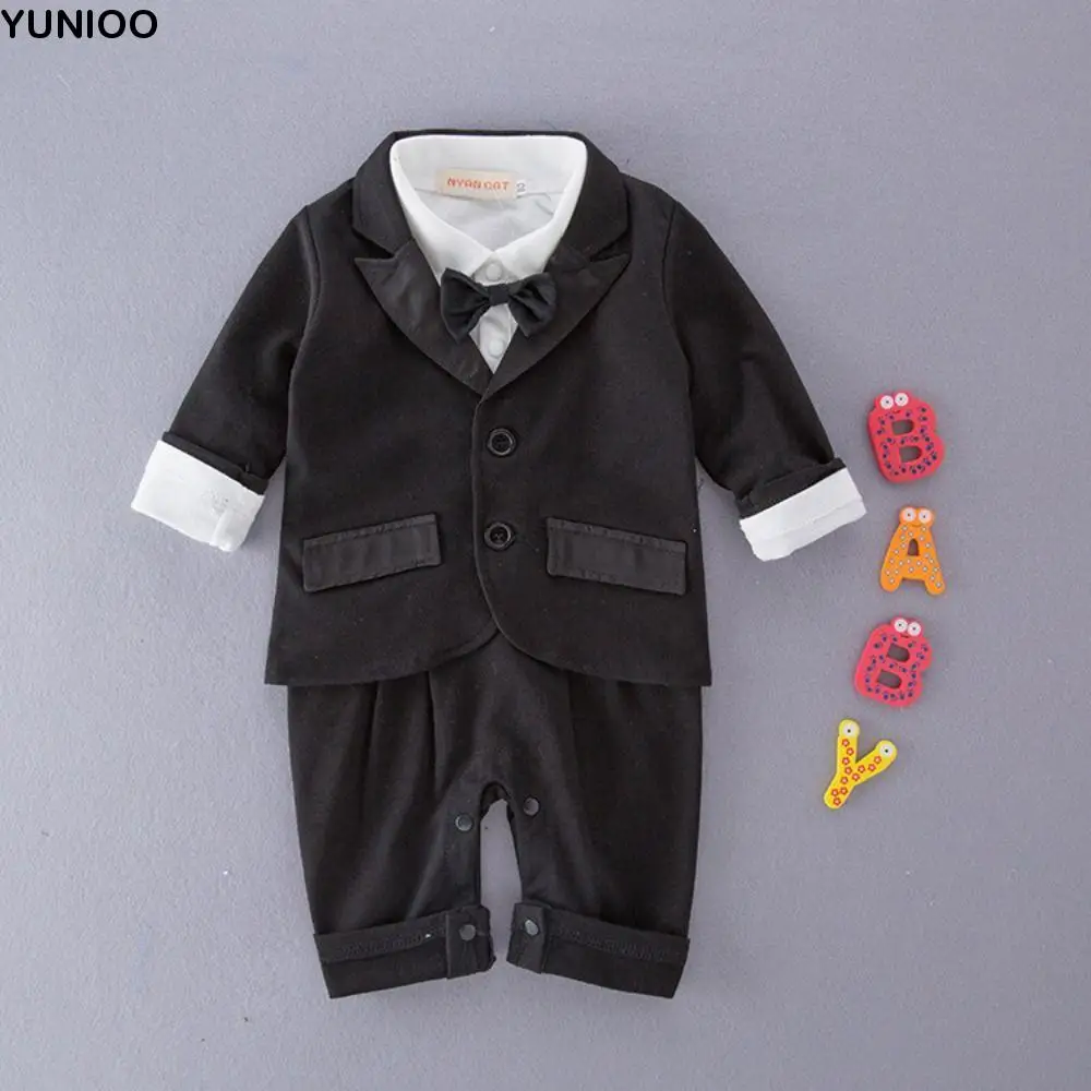 

Черный смокинг «Джентльмен Босс», одежда для малышей, комплект из двух предметов, жилет в полоску, детский костюм для мальчиков, комплект, комбинезон, боди с галстуком-бабочкой