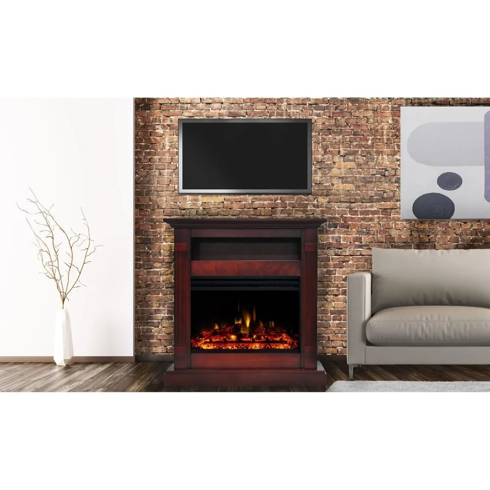 Cherry Electric Fireplace Heater Mantel with Deep Log Display and Realistic LED Multi-Color Flames