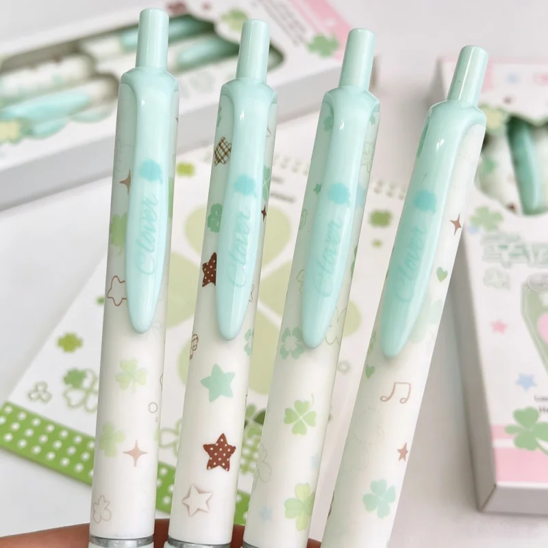 Lucky Four‑Leaf Clover Retractable Gel Pen 0.5mm Black ST Tip Ins Style 4Pcs Set Cute Gel Ink Pens For Student Exam Office Writi