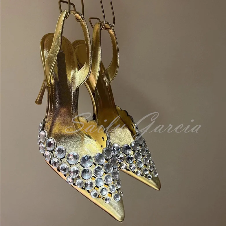 

Rhinestone Decoration High Heels Sandals 2023 Pointed Toe Stiletto Hollow out Slip On Pumps Women Fashion Show Banquet Queen