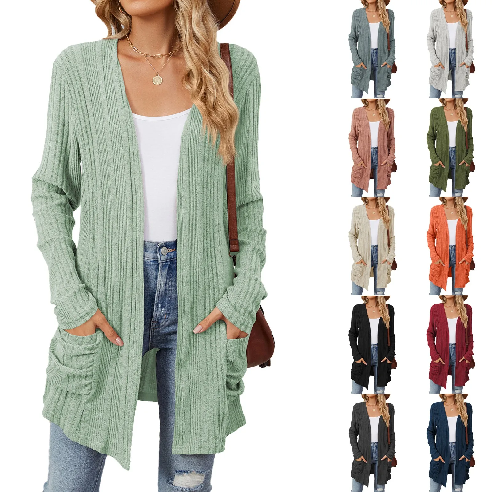 Solid Color Casual Cardigan For Women 2024 Autumn Fashion Women's Slim Fit Knitted Sweater Vintage Female Pocket Knitwears