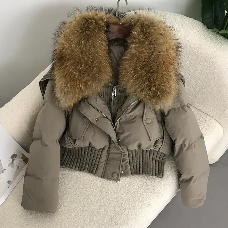 MENINA BONITA 2023 Natural Real Raccoon Fur Collar Winter Women White Duck Down Short Jacket Female Thick Warm Coat Outerwear