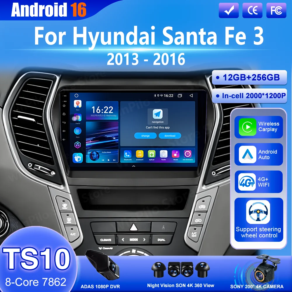 

Android 16 Carplay для Hyundai Santa Fe 3 2013-2016, автомобильный мультимедийный видеоплеер, навигация GPS, сенсорный экран, 4G, Wi-Fi, автомобильный DVD, DSP