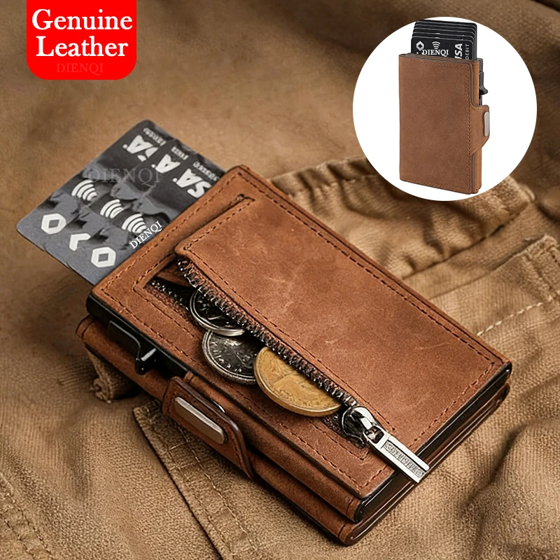 Cow Leather Card Holder Wallets RFID Genuine Leather Bank Credit Cardholder Coin Pocket Pop Up Aluminum Case Mens Trifold Wallet
