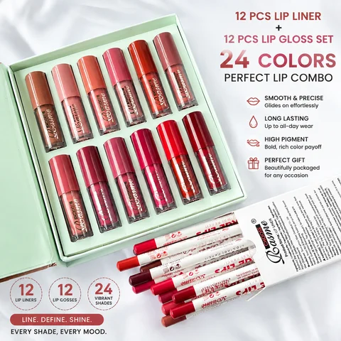Set de 12 Labiales Líquidos Mate con 12 Delineadores de Labios, Brillo Labial No Pegajoso, Caja de Regalo, Cuidado Labial