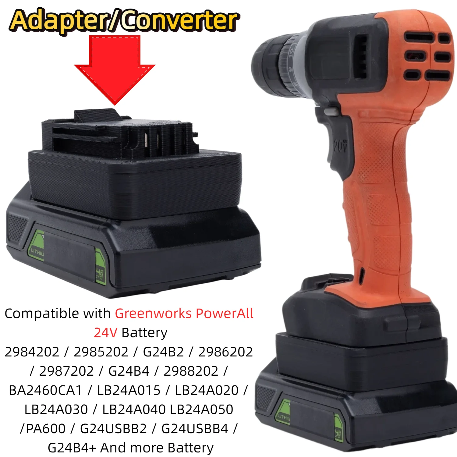 Battery Adapter/Converter for Greenworks PowerAll 24V Series Battery To BLACK+DECKER 20V MAX  POWERCONNECT Tools(Only Adapter)