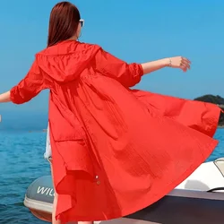 2025 Summer Korean Joker Sunscreen Women's Jacket Coat Loose Long Sun Protective Clothing Ice Silk Thin Coat Female Windbreakers