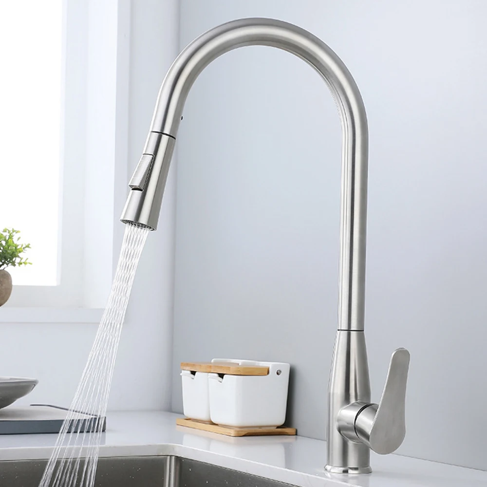 

304 Stainless Steel Mixer Sink Taps ,Cold & Hot Water ,Hose Pull Down , Two Model Water Out , Faucet Body Rotation , Two Holes