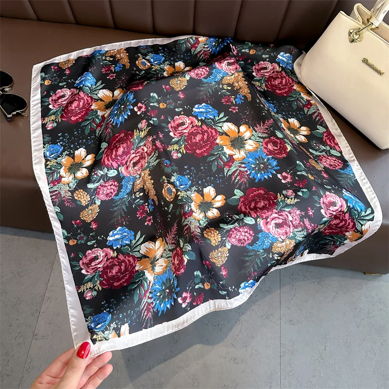 70*70cm Silk Square Scarf Women Soft Flowers Print Hairband Foulard Neckerchief Hijab Tie Bag Ribbon Headband Fashion Decoration