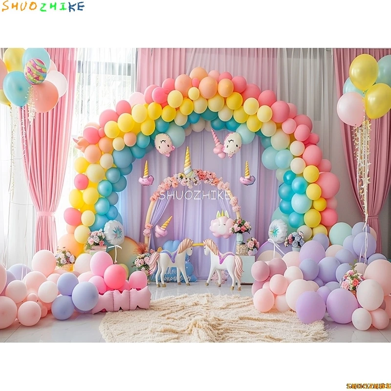 بالونات قوس قزح وخلفيات تصوير يونيكورن ، إكسسوارات للأطفال ، حفلات أعياد ميلاد لحديثي الولادة ، ديكورات خلفية ، من من من من من من من من من من من الخارج
