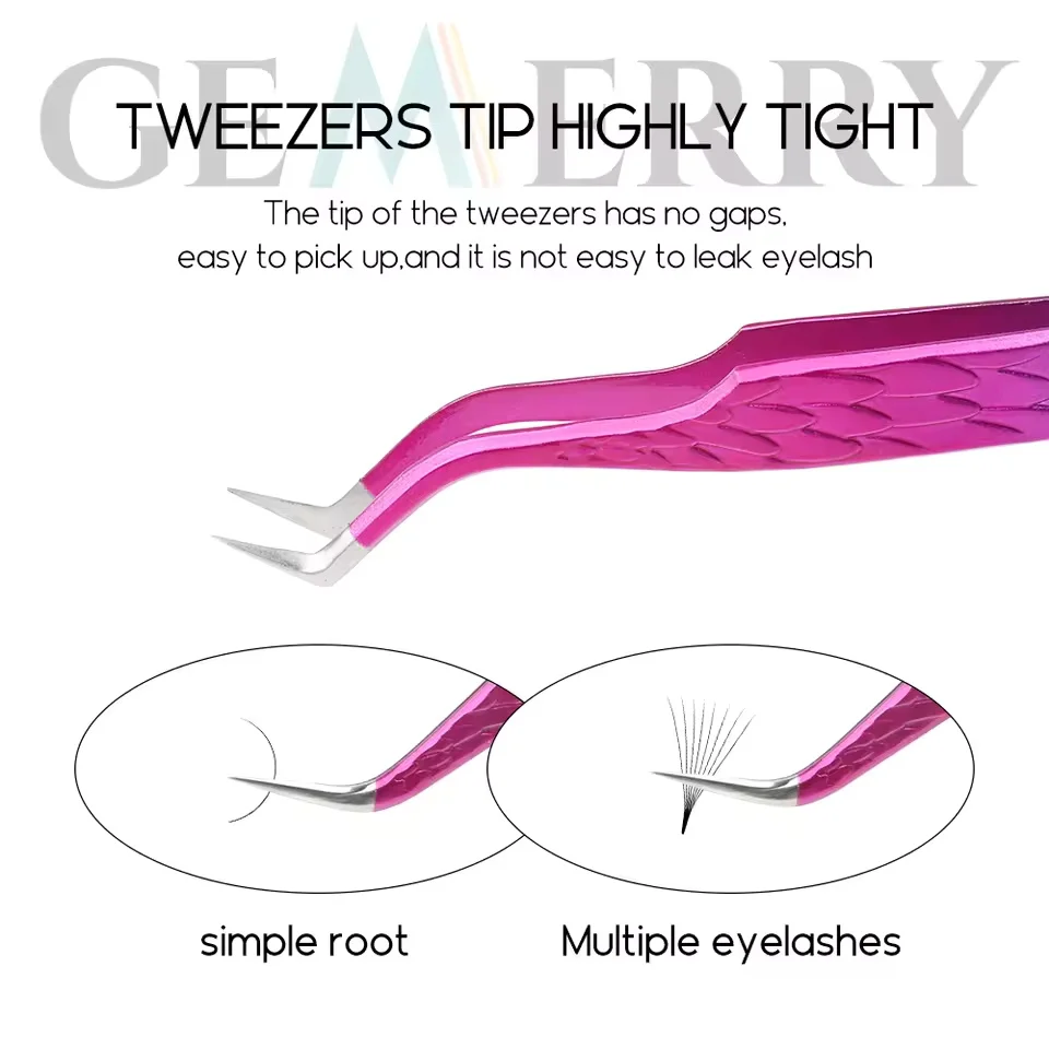 Gemerry 1 peça pinça de cílios anjo gradiente rosa pontas de fibra ferramenta profissional de aço inoxidável de alta precisão