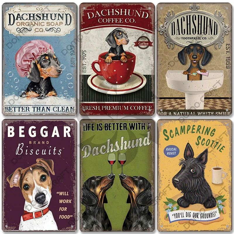 Cute Pet Dogs Poster Metal Tin Signs Vintage Bulldog Dachshund Metal Plaque Wall Art Decor for Coffee Shop Kitchen Garden Home