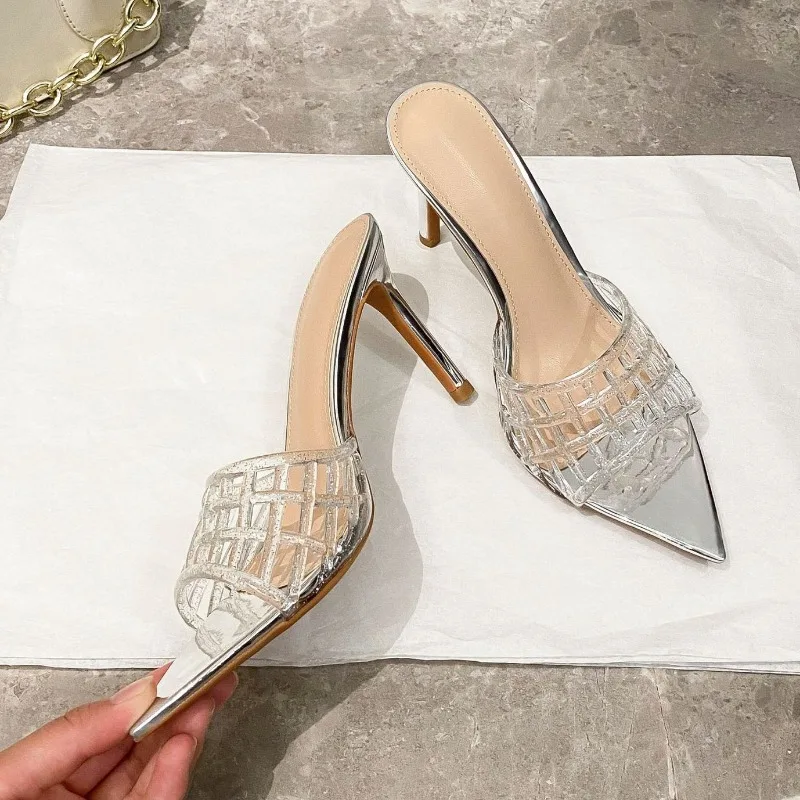 Transparent High Heels Female 2026 Designer New Hollow-out Pointed Toe PU 8.5CM Thin Heel Party Shoes Summer Women's Sandals