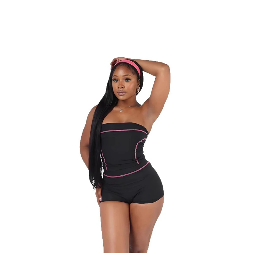 스타일리시 레이디 대비색 스티치 스포츠 2피스 세트 여성용 스트랩리스 크롭탑과 반바지 세트 2025 가을 요가 피트니스 트랙수트