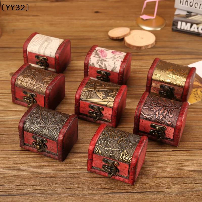 1PC Antique Mini Wood Treasure Chest Storage Box Jewelry Organizer Box Gift Box Chinese Classical Antique Small Box〔YY32〕