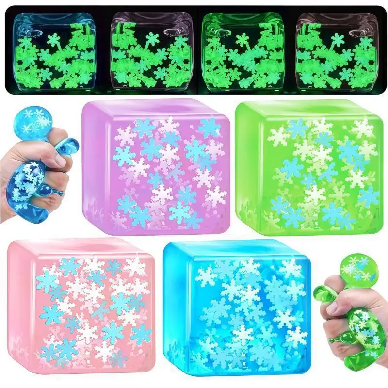 Glow in The Dark Ice Cube Squishy Toy, TPR Snowflake Slow Rebound Stress Relief Ball, Stretchy Transparent Fidget Toy for Gifts
