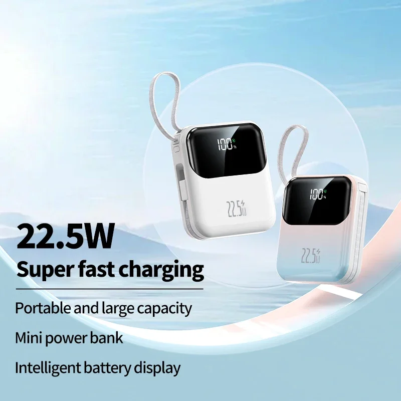 

10000mAh Compact Portable Power Bank, 22.5W Super Fast Charging, with Built-in Charging Cable,for iPhone/Samsung/Xiaomi