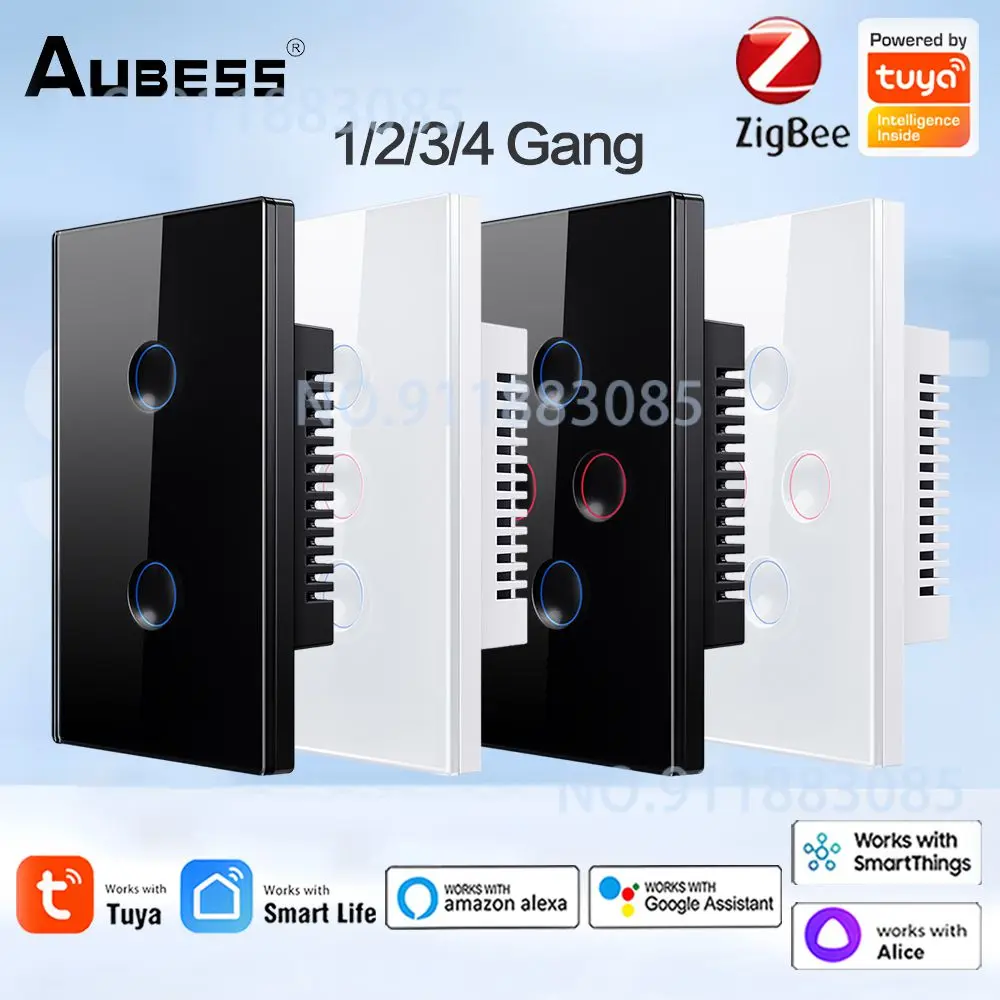 Tuya ZigBee Smart Light Switch No Neutral Wire US Wall Touch Switch 1/2/3/4 Gang Touch Panel Voice Remote Control Alexa Google