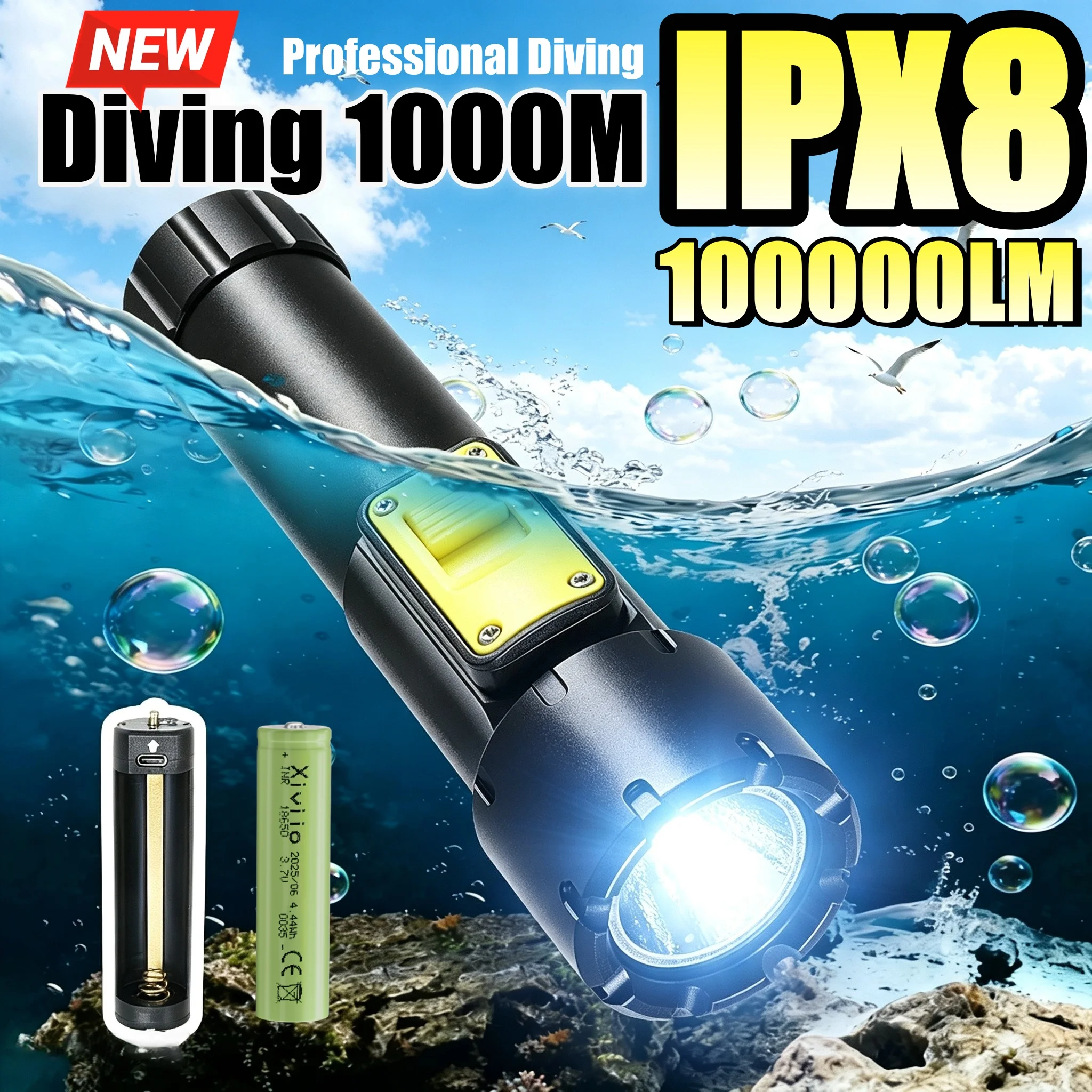 New Professional Diving Flashlight 100000LM Super Bright LED Dive Torch IPX8 Waterproof 1000M Underwater Lighting Diving Lamp