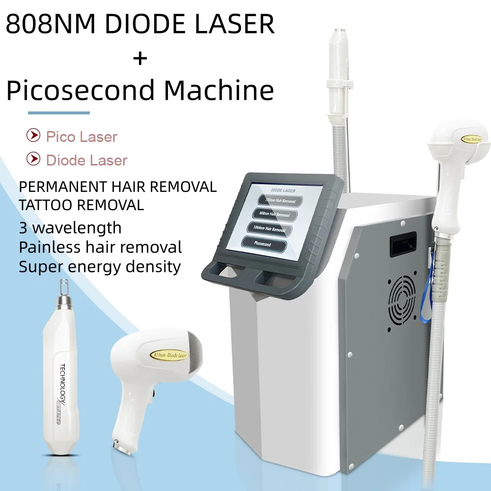 

3 Wavelength 755 808 1064nm Diode Laser Painless Hair Removal 4 in 1 IPL RF Picosecond Laser Tattoo Removal Salon Machine