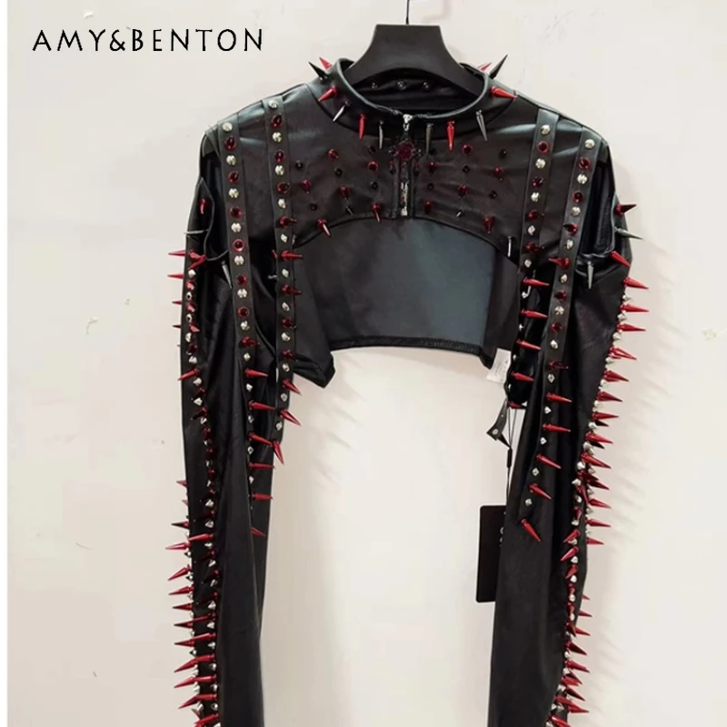 

Punk 2025 New Black Sweet Cool Rock Heavy Industry Women's Leather Jacket Original Design Red Rivet Chain Dark Short Coat Ladies
