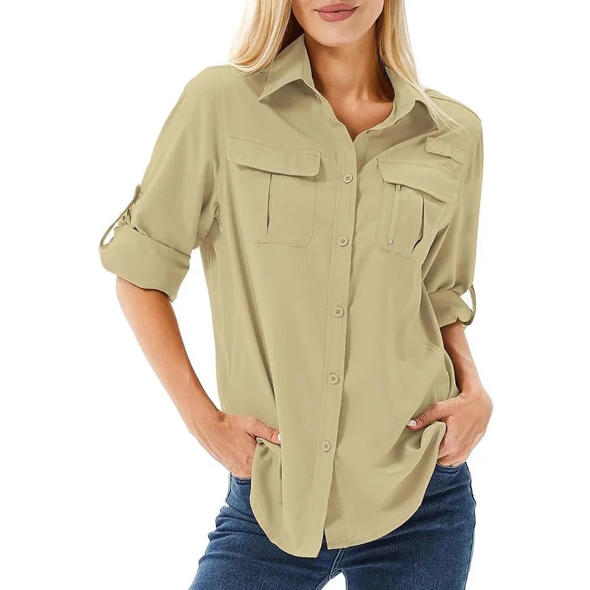 Women's Button Down Utility Shirt Roll-up Sleeve Safari Shirt with Zipper and Flap Pockets Loose Fit Outdoor Hiking Blouse