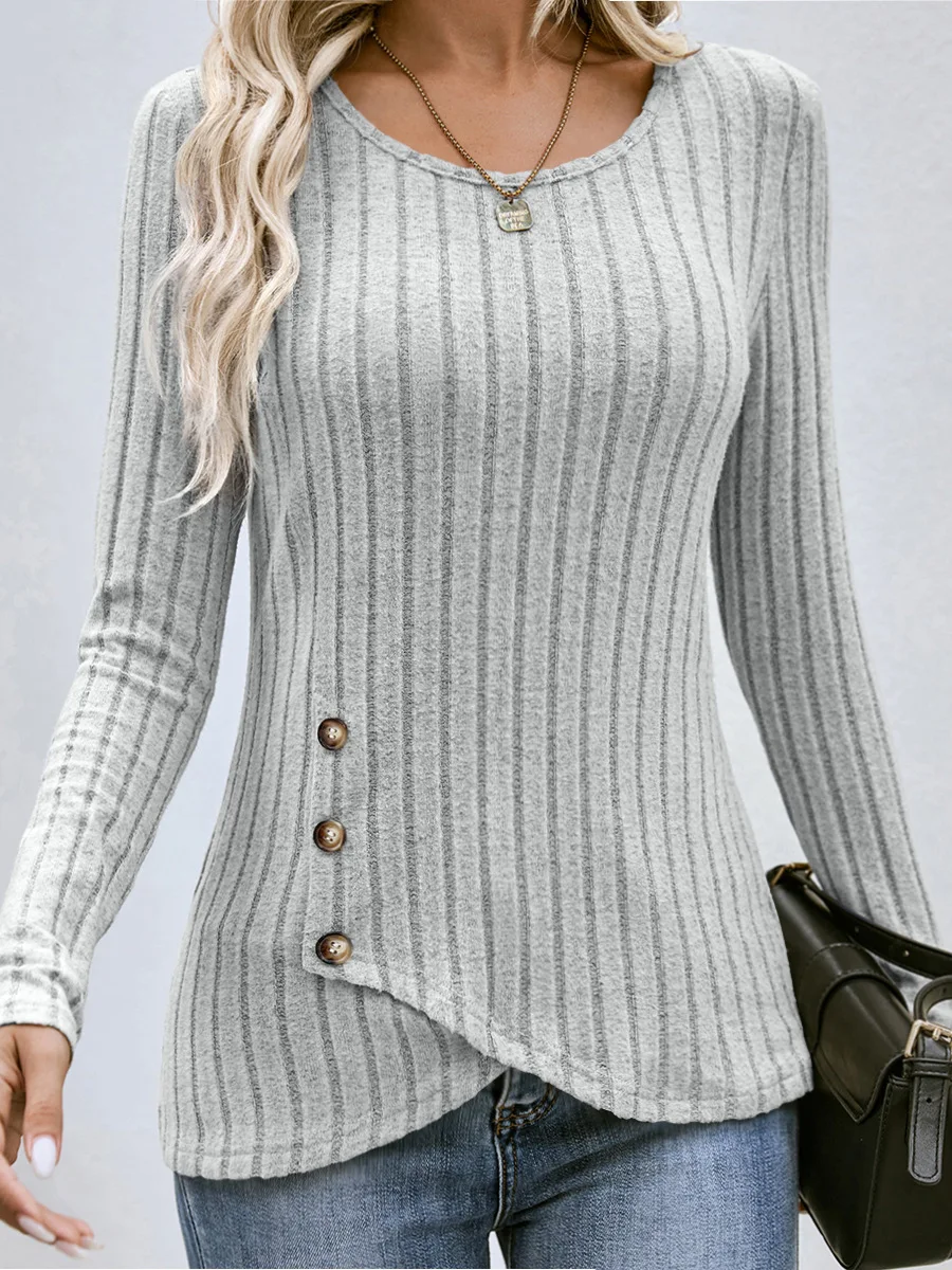 Casualowy sweter z okrągłym dekoltem i długim rękawem, zapinany na guziki, damski, jesienny, jednolity kolor, pulowerowy T-shirt — zdjęcie 3