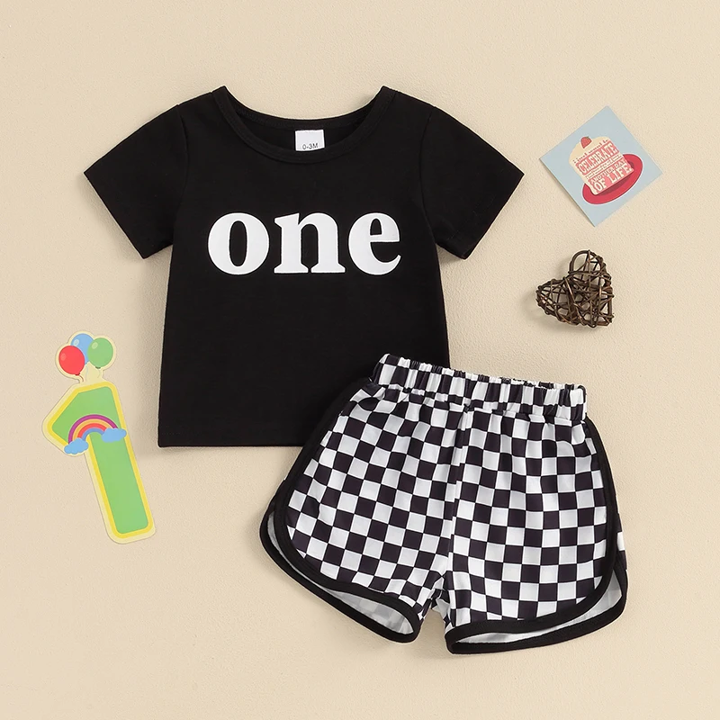 

Toddler Baby Boy Birthday Outfit One Two Letter Embroidery T-shirt Jogger Shorts Waffle Summer Clothes