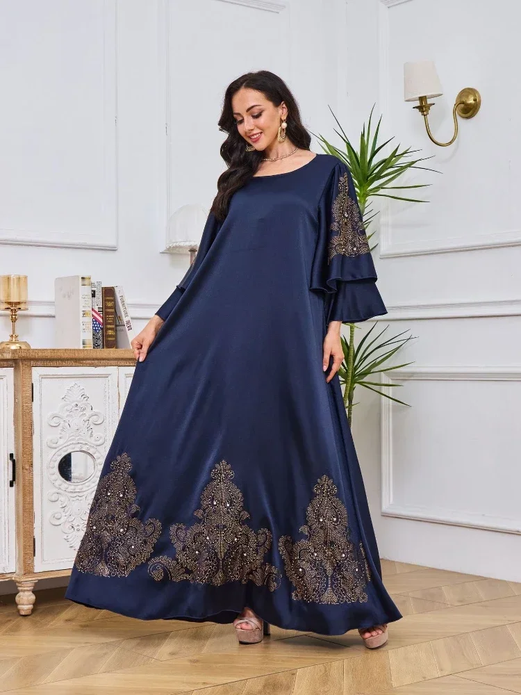 Eid Arab Muslim Party Dress Women Abaya Embroidery Beading Jalabiya Long Dresses Flare Sleeve Kaftan Vestidos Ramadan Gown Robe