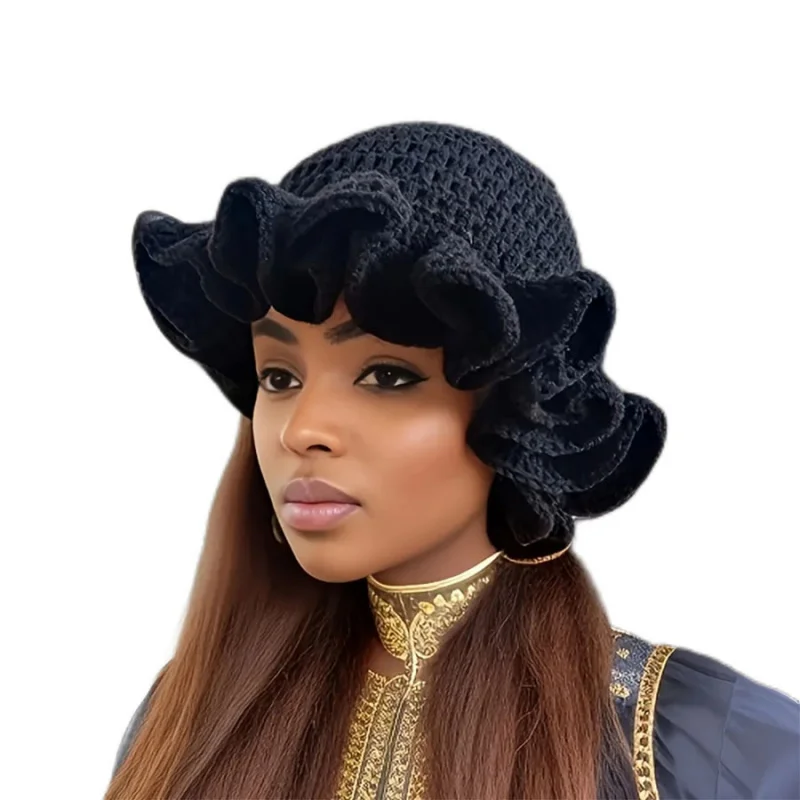 Cross-Border Hot-Selling Handmade Crochet Ruffled Bucket Hat Adult Lace Knitted Hat FashionTiktokRuffled Hat
