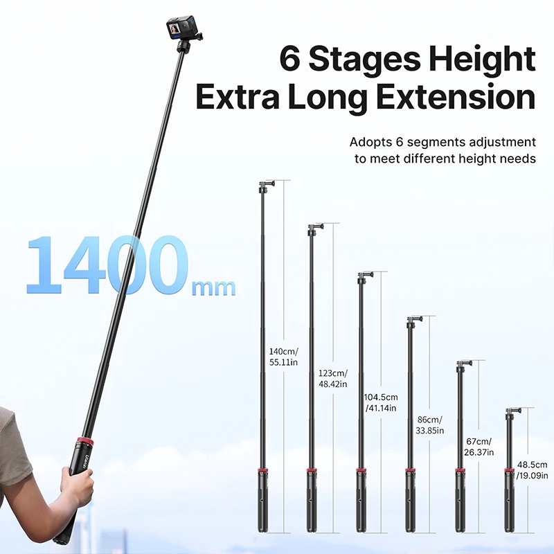 Ulanzi Go-Quick II 1.4M Extendable Tripod Selfie Stick for GoPro Hero 13 12 11 10 DJI Insta360 Camera Hand Grips Extension Rod