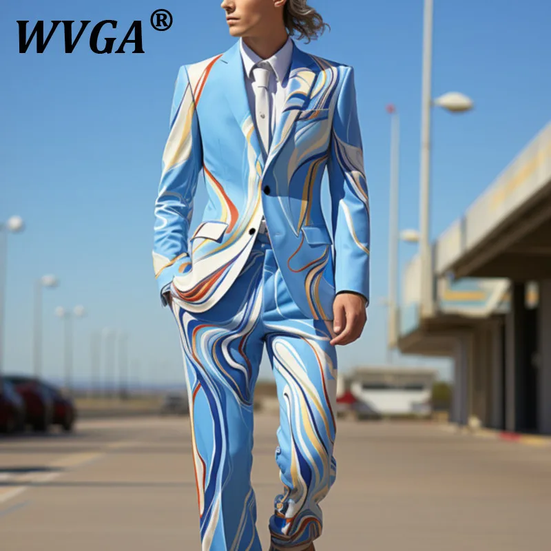 

WVGA Spring Autumn New Man Banquet Casual 3D Printed Blazer Personalized Straight Niche Chic Suit Pants Two Pieces Set Ins W9825