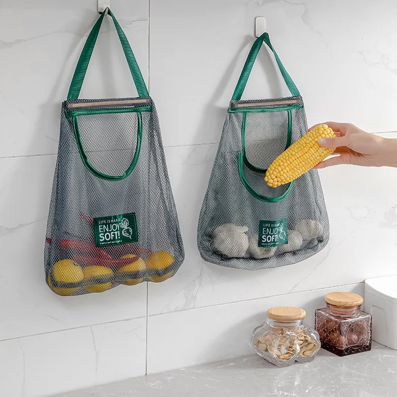 Hängender atmungsaktiver Netz-Aufbewahrungsbeutel für Obst und Gemüse, multifunktionaler Handtaschen-Gemüsebeutel, wandmontierter Küchen-Organizer-Sack