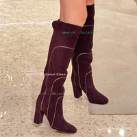 Burgundy Suede Knee High Boots Stripes Decor Block High Heels Long Booties Pointy Toe Elegant Women Autumn New Arrival Boots