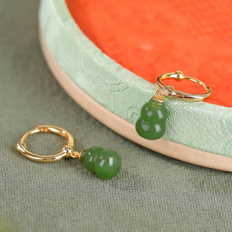 Natural Hetian Jade S925 Sterling Silver Gold-Plated Jadeite Three-Dimensional Gourd New Style Unique Ear Clip Earrings