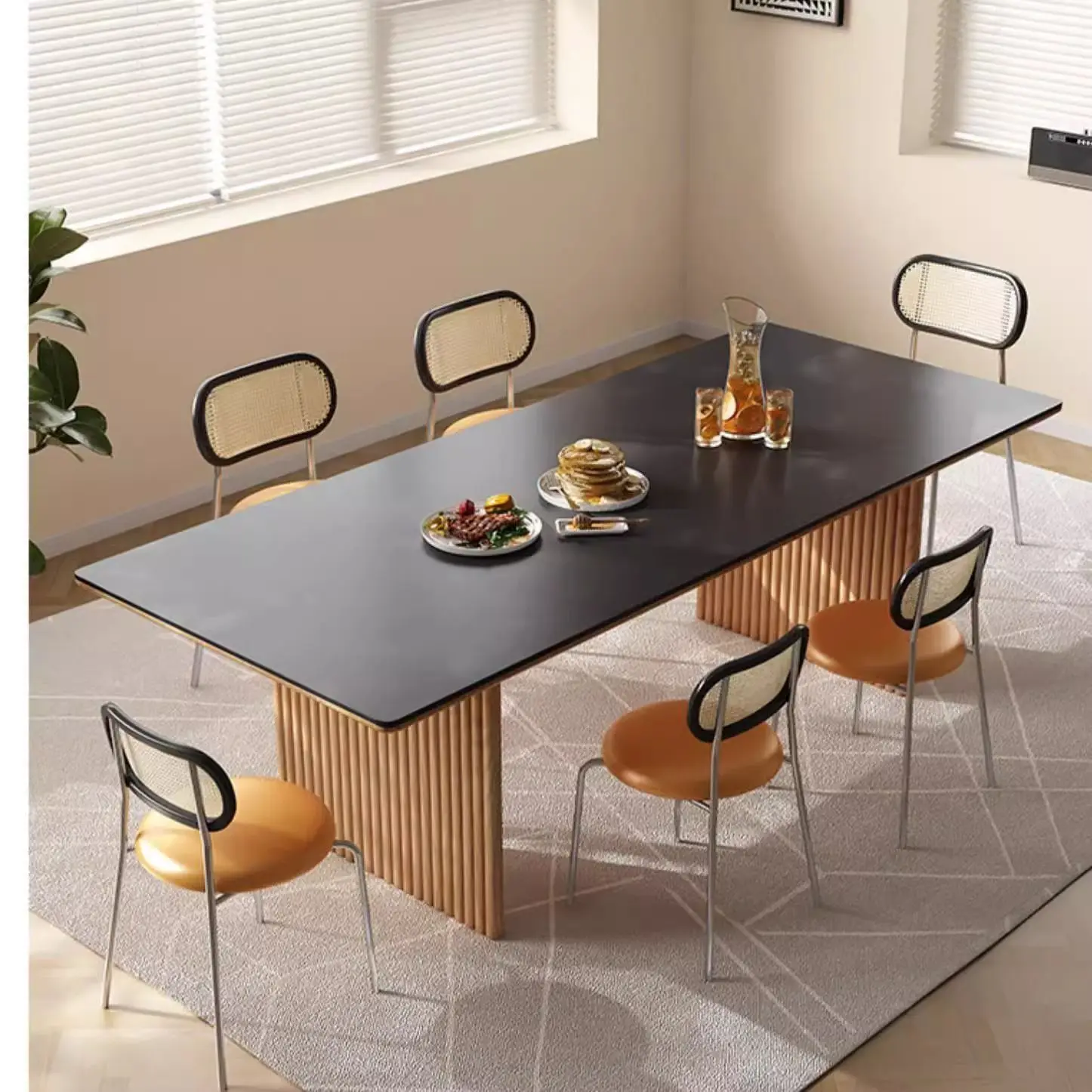 طاولة طعام من الخشب الصلب، طاولة طعام حديثة وبسيطة وخفيفة فاخرة، مستطيلة الشكل، شمع أبيض #2