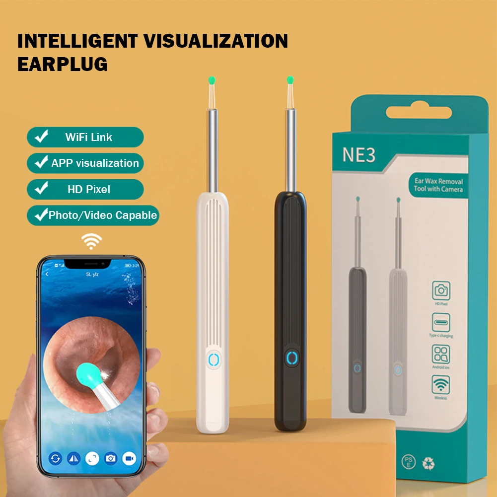 Wireless Intelligent Ear Pick 1296p Visual Otoscope Camera Ear Wax Remover Pick Spoon Cleaning Tools Luminous Endoscopy Wifi