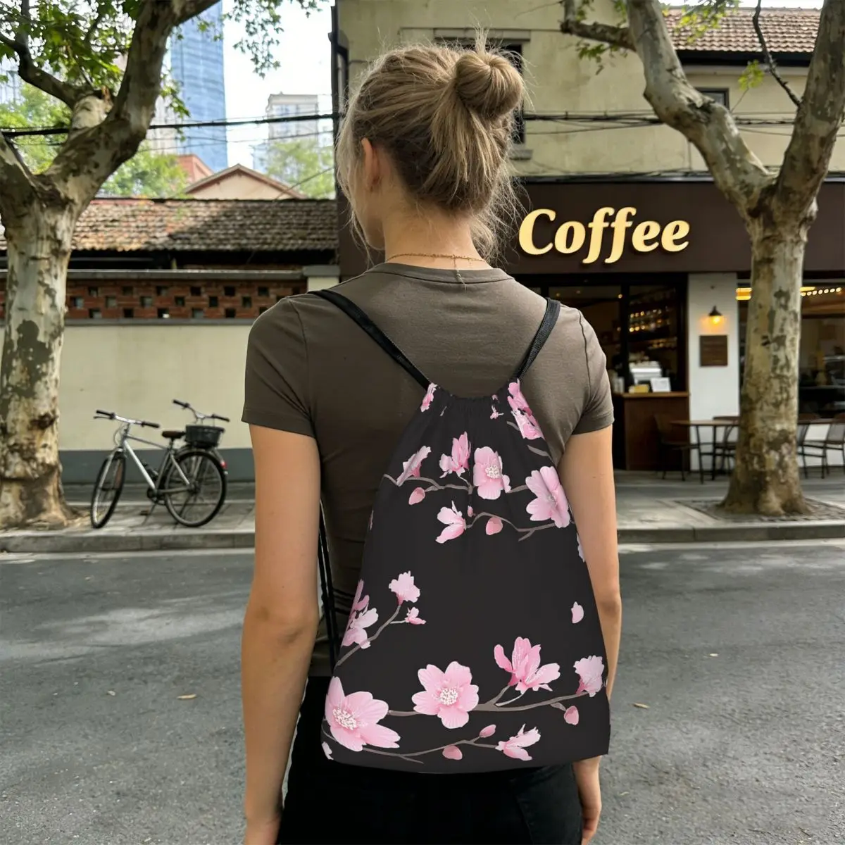 Cherry Blossom Flower Plant - Black Backpacks Casual Drawstring Bags Storage Bag Book Bags for Man Woman School