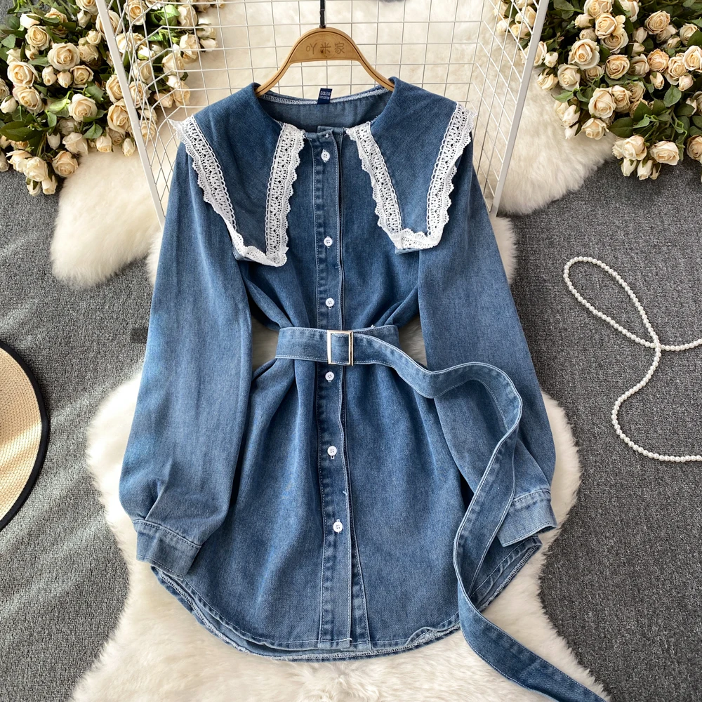 

Autumn Denim Dress Women Peter Pan Collar Lace Splicing Single-breasted Skirt French Casual Fashion Long-sleeved Belt Dresses