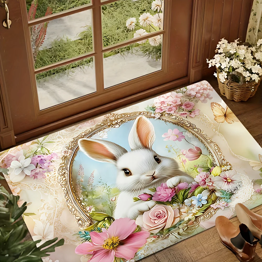 1pc Flower Photo Frame Rabbit Pattern Printing Door Mat for Home Holiday Decor, for home Easter Decor Carpet, Machine Washable