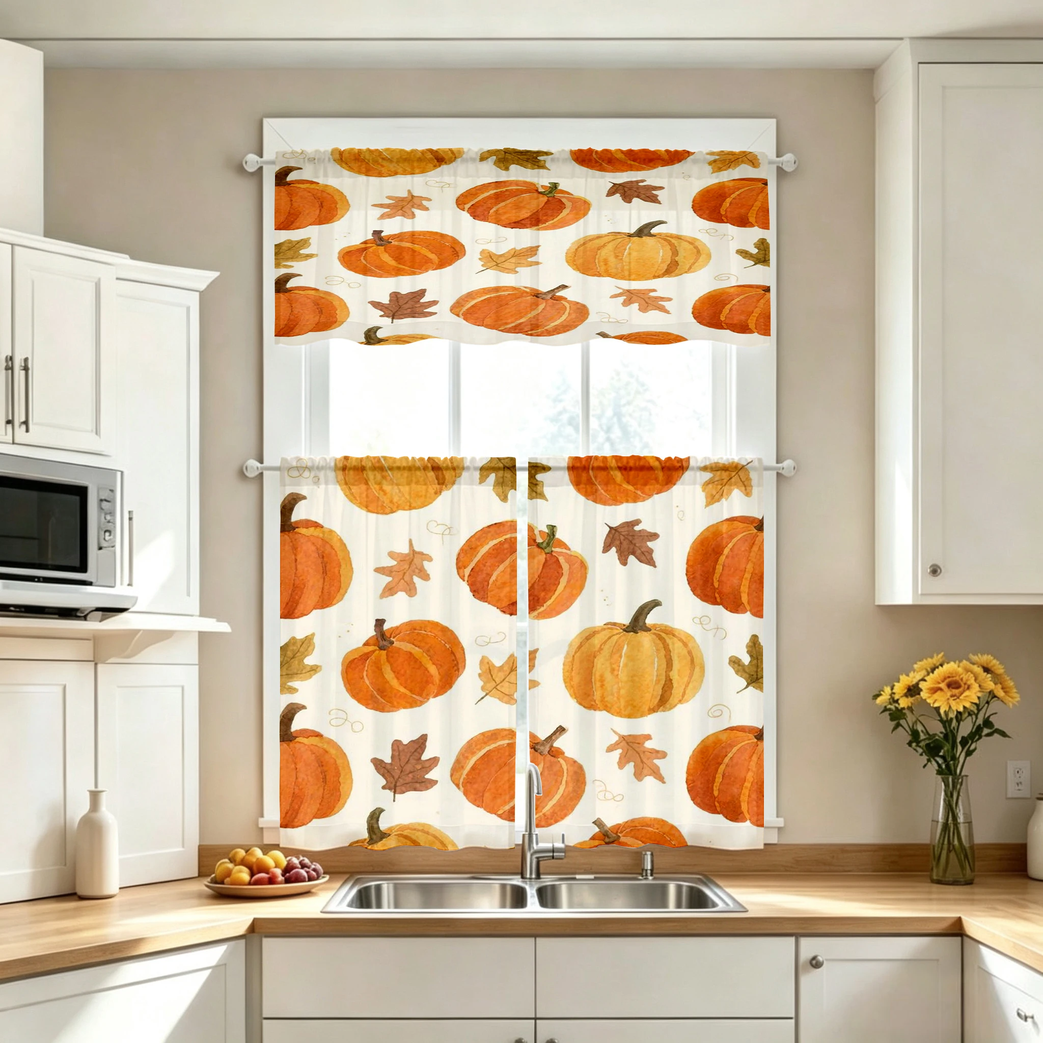 Thanksgiving Fall Kitchen Curtains, Watercolor Pumpkin, Digital Print, Kitchen Dining Room, Rod Pocket Polyester, Home Decor