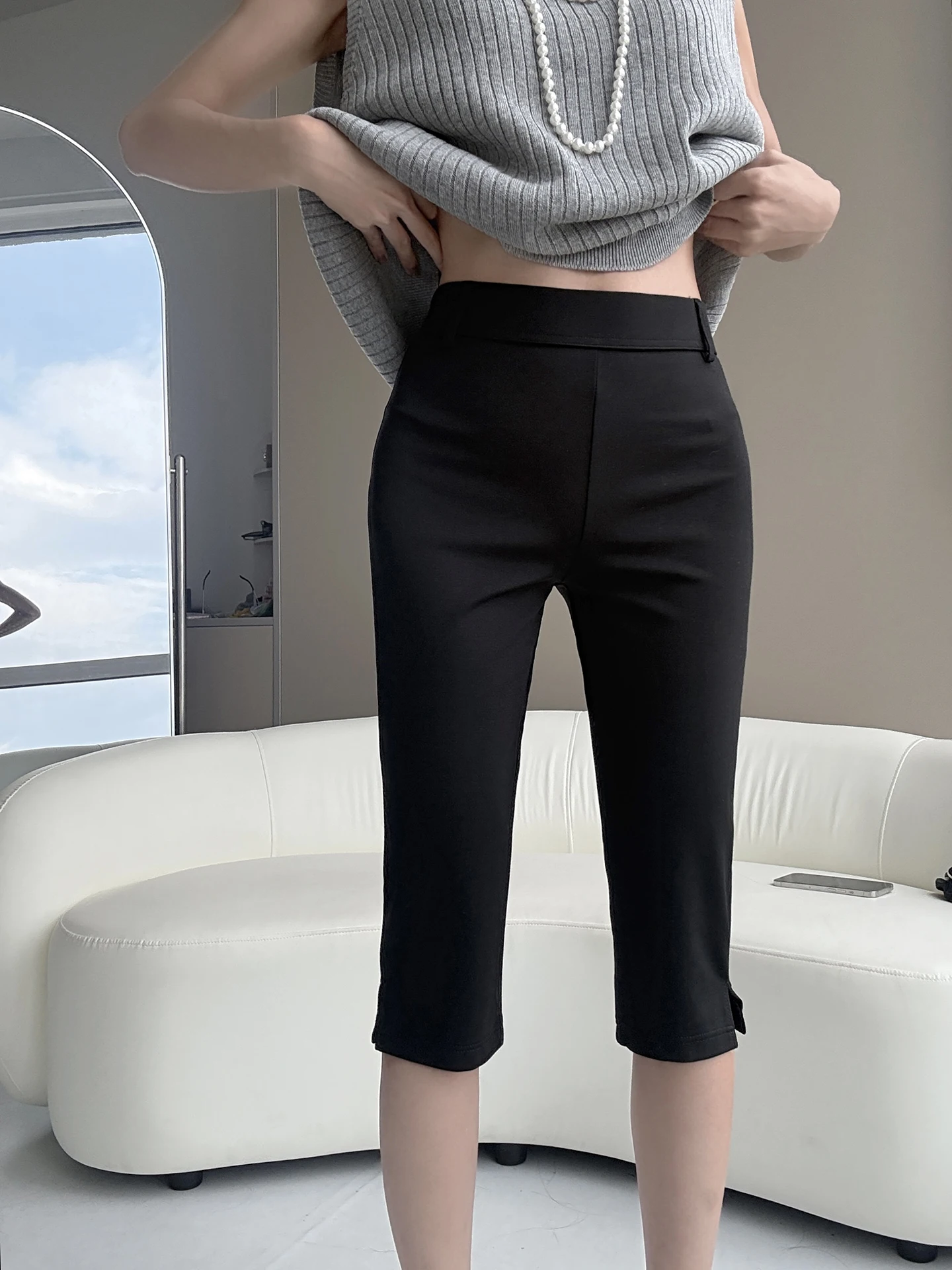 MianCun Fashionable Capri Pants Women's Side Slit Elastic Casual Pants High Waist Seven-Foot Length White Leisure Trousers