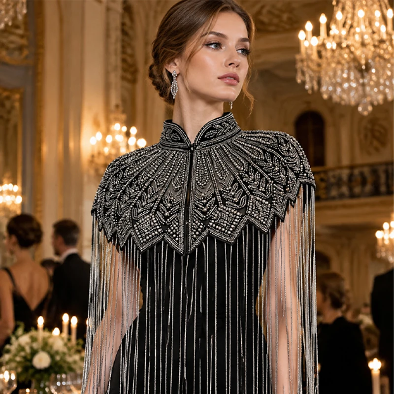 Luxury Beaded Full Embroidery Tassel Cape Shawl Vintage Pearl Shawl For Evening Party Performance Banquet Costume Shoulder Cape
