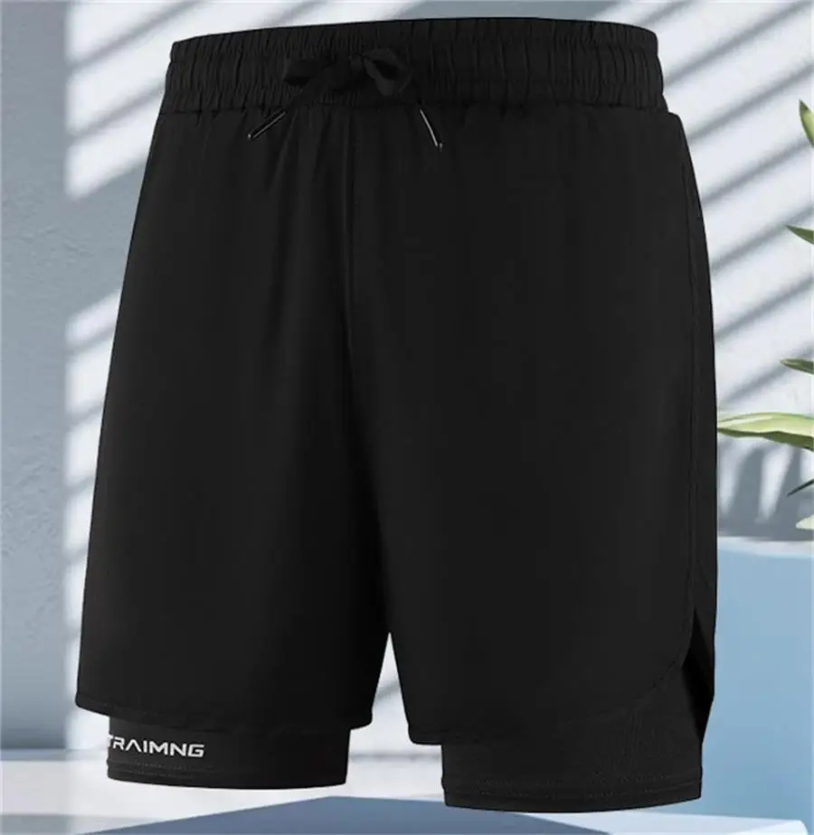 Men Fitness Built-in pocket sports Shorts Summer 2 In 1 Quick Dry Gym Beach shorts Running Double-deck Shorts Outdoor sweatpants
