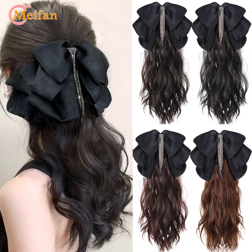 

MEIFAN Synthetic Tassel Bowknot Claw Clip Ponytail Long Water Wavy Curly Hair Clip in Hairtail Extension Natural False Ponytail