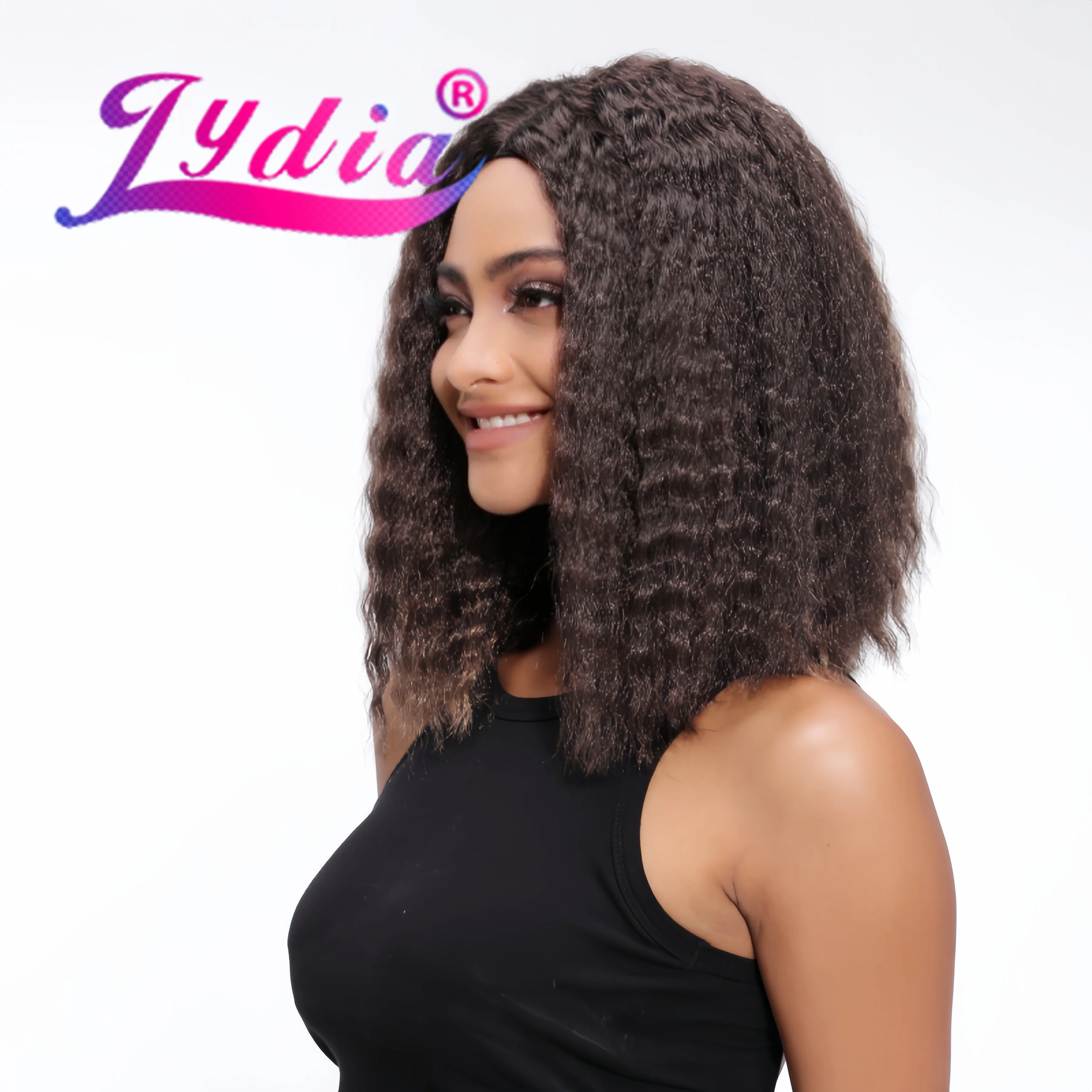 Lydia Short Synthetic 14IN Bob Kinky Straight Kanekalon Heat Resistant African American Skin Topper Water Wavy Curly Daily Wig