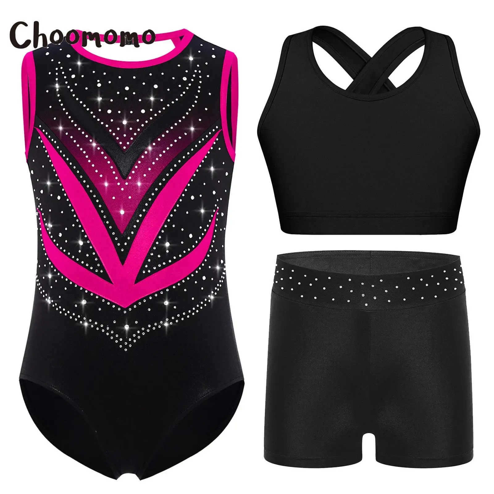 

Ballet Gymnastics Set Sports Outfit for Kids Girls Ice Skating Dancewear Sleeveless Leotard Crisscross Back Crop Top with Shorts