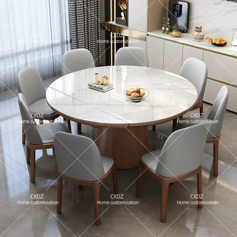 Solid Wood Rock Slab Dining Table and Chair Set Modern Simple Small Apartment Retractable Folding Round Induction Cooker