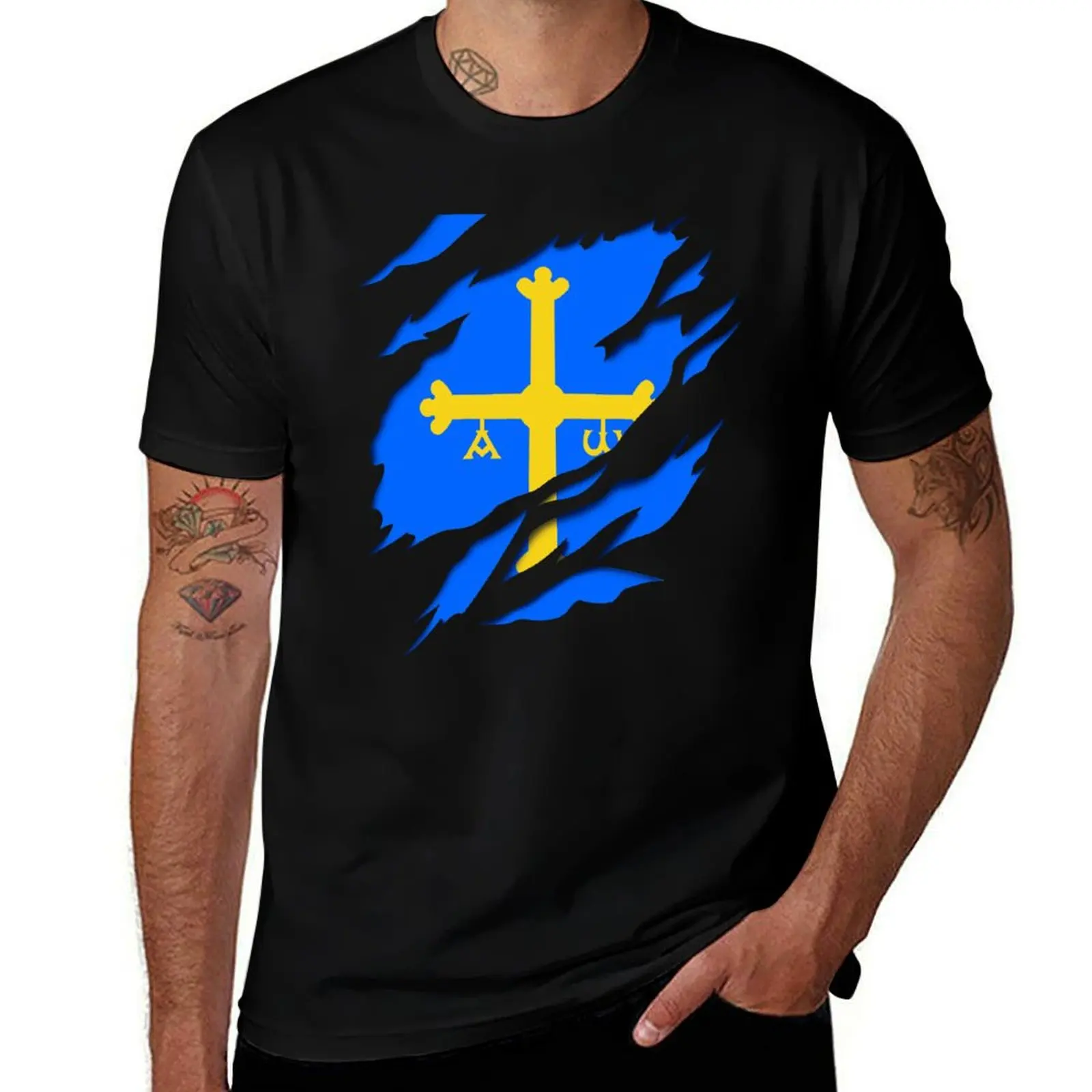 

Asturias Flag and Coat of Arms Design T-Shirt blue archive graphic tee shirt oversized graphic tee Men's t-shirts