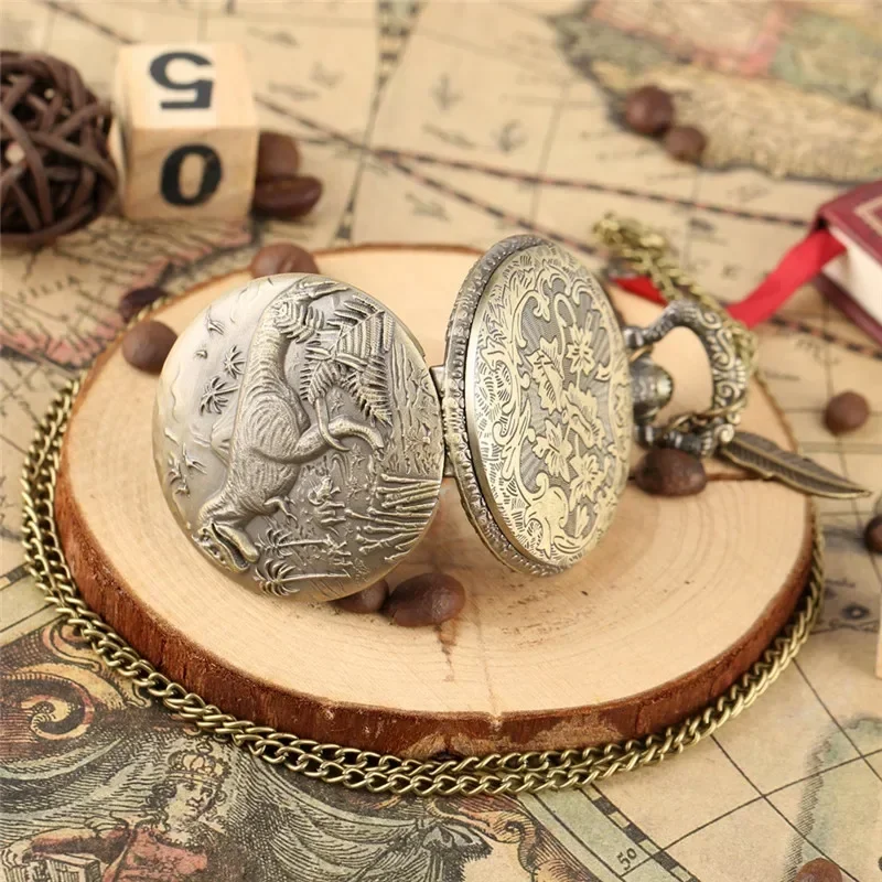 Bronze Carved Dinosaur Pocket Watch Quartz Movement Unisex Arabic Numeral Watches Pendant Leaf Chain Retro Timepiece Gift